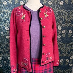 Icelandic Design Red Embroidered Cardigan Wool Sweater